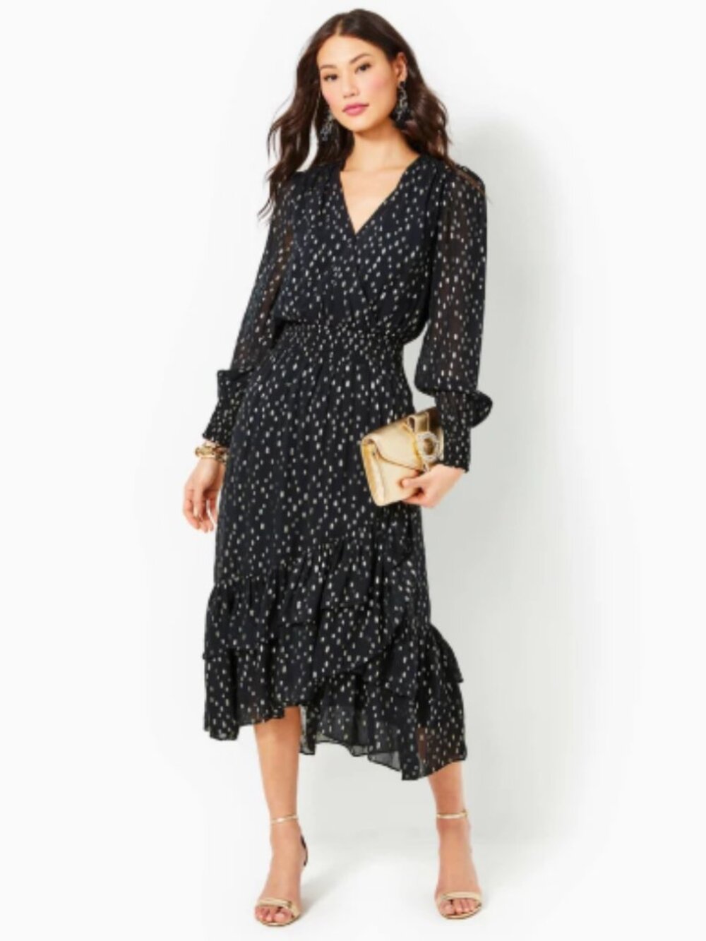 Cristiana Midi Dress - Onyx Viscose Metallic Clip Dobby Dress - Size 10